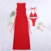 Damenbadebekleidung Schwarz 3-teiliges Set High Neck Female Badeanzug Cover-ups für Frauen Röcke Bikini Halter Dreieck Badeanzug 2023