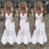 Robes décontractées 2023 femmes robe dentelle mode Boho longue Maxi été Sexy col en v dames sans manches blanc robe de plage soirée vêtements de fête