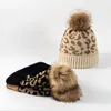 Beanies Beanie/Skull Caps Warm Sticke Women Hat Leopard Print Winter Hats For Fur Pompom Wool Thick Skullies Crimping Knit