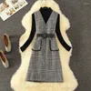 Werkjurken herfst winter tweed 2 -delige set vrouwen slanke plaid wollen algehele jurk mode coltrui trui ruche vest suit