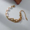 Braccialetti con ciondoli Perla d'acqua dolce naturale Bracciale da donna in acciaio inossidabile di lusso semplice e leggero Placcato in oro 18 carati Impermeabile e anti-sbiadimento