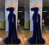 Gorgeous Royal Blue Mermaid Prom Dresses One Shoulder Beaded High Split Velvet Strapless Draped Pleats Sweep Trian Engagement Formal Evening Pageant Party Gowns