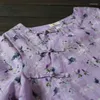 Kvinnors blusar Johnature Women Chinese Style Shirts Ramie Print Floral Button 2023 Summer O-Neck Kort ärm Vintage Kvinna