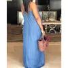 Casual Dresses Women Sleeveless V Neck Halter Long Dress Streetwear Elegant Plain Spaghetti Strap Denim Loose Maxi