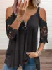 Women's T Shirts Off Shoulder Women Elegant Summer Lace Patchwork Sexy Zipper V Neck Tunic T-shirt Hollow Out Casual Ladies Tops