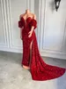 Long Red Evening Dresses 2023 Real Exempel Skinny pärlspets kort ärm sammet afrikanska kvinnor formella festkvällsklänningar e0308