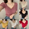 Women's Blouses & Shirts Summer Retro Puff Sleeve Blouse Women Slimming V-neck Short-sleeved Knitted Crochet Top Clothing Elegan