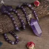 Chains Natural Amethysts Quartz Double Stick Point Pendant 8mm Purple Jades Round Beads Cord Knotted Mala Necklace Handmade Jewelry1