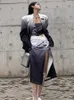 Dwuczęściowa sukienka Shengpalae Gradient Kolor pojedynczy przycisk Liss Lose Blazer i Folds Folds Podzielona spódnica Midcalf dla kobiet 2023 Spring 230307