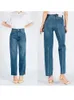 Women's Jeans Women Jeans Pants Spring/Summer High Waist Retro Washed Blue Straight Calf Top Line Decorated Nine-point Jeans 230308