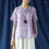 Kvinnors blusar Johnature Women Chinese Style Shirts Ramie Print Floral Button 2023 Summer O-Neck Kort ärm Vintage Kvinna