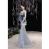 Mermaid Elegant Evening Dresses Blue Strapless Applique Boat Neck Gradient Color Shiny Sequin With Zipper Party Sexy Prom Gown 2023 New