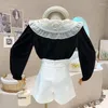 Women's Blouses Niche Design in dameskleding 2023 Autumn Zoete Lace Stitched Doll Neck Solid Color Thin Shirt Blusas Mujer de Moda