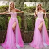 Süße rosa Ballkleider, herzförmiger Stickerei-Applikationen, Partykleid, freiliegendes Boning, seitlicher Split, Vestidos De Noche