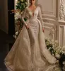 Sparkly zeemeermin trouwjurken lange mouwen v nek appliques pailletten kralen vloer lengte 3d kanten afneembare trein bruidsjurken plus maat op maat gemaakte abiti da sposa