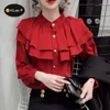 Frauenblusen Wein rote Tierred Rüschenfalten elegante Bluse Frauen Dame Büro ol Arbeitsgeschäft Langarm Shirts Stand Hals Vintage Chic