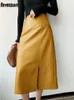 Skirts Nerazzurri Midi skirts below knee Yellow black soft leather skirt women zipper Long straight skirts for women high waist 230308