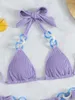 Costumi da bagno da donna Estate Nuovo stile Triangolo viola Borsa laterale Ornamento di pizzo Decorazione Halter Tinta unita Bikini sexy Set Costume da bagno da spiaggia Donna T230307