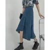 Spódnice damskie niebieskie dżinsowe spódnica na pół ciała nieregularne bioder z wysokim talią swobodną koreańską modę w lupgy vintage długa spódnica panie Summer 230308