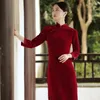 Etniska kläder 2023 Spring Chinese Style Velvet 3/4 Sleeve Cheongsam Dress for Women Vintage Slim Long Qipao Förbättra orientaliska årsklänningar