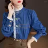 Blouses feminina Cowboy Lace Bruffles Mulher da moda coreana 2023 Mangas longas Escritório Ladies Camisas formais femininas BLUSAS PARA MUJER TOPS