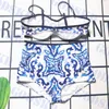 Blue Pattern Bra Bra Swimwear Высокая талия Женская бикини набор сексуального пленки купальники.