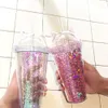 Tumblers 420 ml ins stil återanvändbar glittery med halm smoothie cup dubbel vägg vatten flaska katt öron dricker dricksvaror 230308