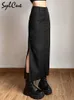 Skirts Sylcue Simple Black Split Sexy Slim Hot Versatile Light Cool Thin Summer Women's Mature Feminine Charm Street Skirt Long W0308