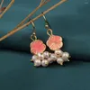 Bengelen oorbellen roze bloem kleine vintage delicate zoetwater parel drop etnische cloisonne Chinese stijl sieraden voor vrouwen