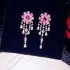 Ciondola gli orecchini di goccia per le donne 925 aghi fiore rosa lunghe nappe cubic zirconia gioielleria adolescente cuore bijoux femme