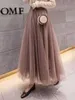 Jupes 2022 nouveau printemps été Style coréen femmes balançoire longue jupe plissée dentelle maille douce beauté dame taille haute robe de bal jupes W0308