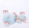 Partihandel Frosted Clear Glass Face Cream Bottle Bottle Cosmetic Jar Lotion Lip Balm Container med Rose Gold Lid