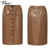 Skirts Women Elegant Bodycon Skirt Celmia Fashion PU Leather High Waist Midi Skirts Casual Buttons Flap Office Street Jupes 230308