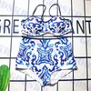 Blue Pattern Bra Bra Swimwear Высокая талия Женская бикини набор сексуального пленки купальники.