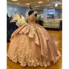 فساتين Quinceanera الذهب الأنيقة الأنيقة المثيرة V-neck healses الزهور ثوب كرة التفتا مع زائد حجم 16 لاول مرة عيد ميلاد Vestidos de 15 Anos 25