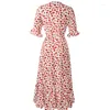 Party Dresses Women Midi Dress Short Sleeve V-neck Flower Print Elegant Summer Casual