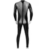 Sexig uppsättning män faux läder stretch kattdräkt transparent nät blixtlås öppen gren erotisk tät pvc bodysuit klubbkläder fetisch kostymer 230307