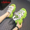 Sandals Aphixta 2022 Summer 7cm Green Crystals Height Increasing Sandals Women Platform Canvas Wedge High Heels Chunky Sole Sandal Z0306