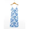 Sukienki swobodne 2023 Lato dla kobiet pasek spaghetti seksowna sukienka bez pleców elegancka vintage niebieska i biała porcelanowa kwiatowa midi