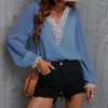 Kvinnors blusar Chiffon Blue Trendy Autumn Lace Patchwork Trim Top V Neck Lightweight Pullover