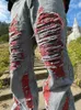 Мужские джинсы houzhou y2k разорванные пятно расстроенные джинсы брюки мужчины хип -хоп панк -гот красные джинсовые брюки мужская винтажная японская уличная одежда Z0301