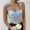 Women's Tanks Women Sexy Blue Tank Top Flower Embroidery V-neck Summer Slim Camisole Female Tie-Up Crop Tops Vest Spaghetti Straps Camis