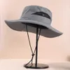 Chapéus de aba larga Homem de verão Moda Moda Cordão de vento dobrável Panamá chapéu de proteção UV Chapéus de trabalho do sol chapéu de pesca de pesca Malha respirável R230308
