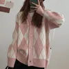 Gebreide damest-shirts Argyle vest Dames gebreide trui Losse enkele rij knopen Studenten V-hals Mooie gebreide kleding Koreaanse oversized wintertops 230308