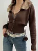 Women's Knits Tees Darlingaga Y2K Aesthetic Fluffy Fur Trim Collar Women Sweaters Jacket Furry 90s Vintage Zipper Coat Knitting Cardigans Knitwear 230308