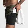 Shorts masculinos camada dupla 2 em 1 curto verão calças casuais com zíper de bolso rápido esportes de fitness de moda seca 230307