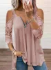 Women's T Shirts Off Shoulder Women Elegant Summer Lace Patchwork Sexy Zipper V Neck Tunic T-shirt Hollow Out Casual Ladies Tops