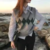 Women's Sweaters Women Sleeveless Pullover Autumn 2023 England Style Vintage Geometric Rhombic V Neck Knitted Sweater Vest Black Waistcoat T