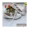 Scarpe da sposa Pizzo bianco Perle per spose con nastro Strappy Bridal Tacco basso Fatto a mano Appliqued Chic Ladies Performance Flats Drop Dhlmi