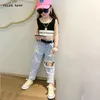 Jeans lente zomer meiden baby denim broek kinderbroeken kinderen streetwear iREGular Front Back Hollow Out gescheurd 3-12